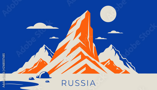 Stylized Mountain Landscape with Moon and Clouds, Russia Text.