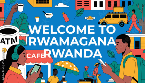 Rwanda Cityscape Welcome Illustration: Diverse People, Food, and Transportation in Kigali