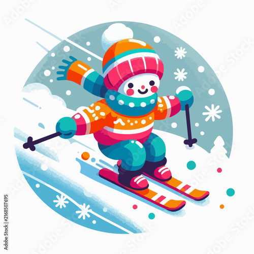 Person Skiing on Snowy Mountain in Winter Vector Illustration