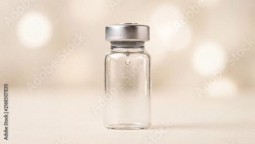 Glass medical vial with a silver aluminum cap sitting upright on a neutral surface against a softly blurred background with glowing bokeh lighting effects.