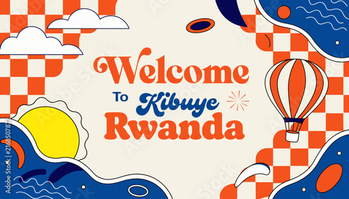 Welcome to Kibuye Rwanda - Vibrant Travel Poster with Hot Air Balloon, Sun, and Clouds