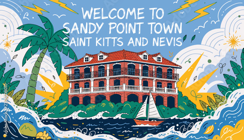 Welcome to Sandy Point Town, Saint Kitts and Nevis - Tropical Island Vibes, Retro Style Illustration