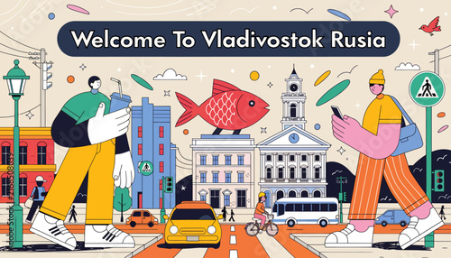 Welcome to Vladivostok Russia Cityscape Illustration: People, Buildings, and Iconic Fish Sculpture