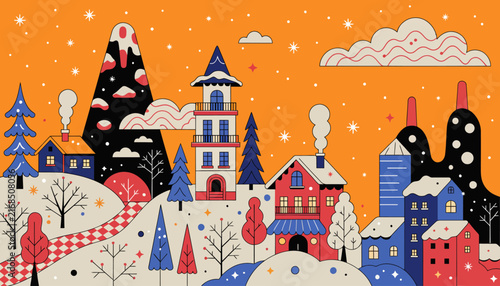 Whimsical Winter Village Scene with Snowfall and Mountains. Festive Christmas Landscape Illustration.