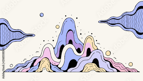 Whimsical, Colorful Mountain Landscape Illustration with Stylized Clouds