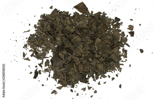 Scattered crushed dry herbal leaves stack isolated on transparent background top view
