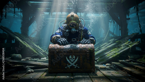 Diver in vintage brass helmet discovering pirate treasure chest underwater. Explorer examining skull chest inside a sunlit shipwreck. Maritime adventure concept, ideal for exploration and history.