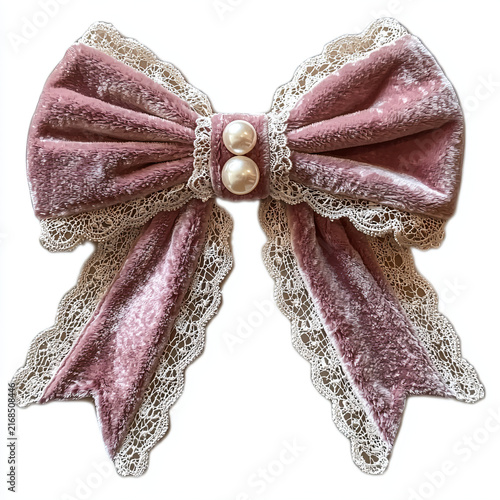 Elegant Pink Velvet Bow with Lace and Pearl Accents for Decoration