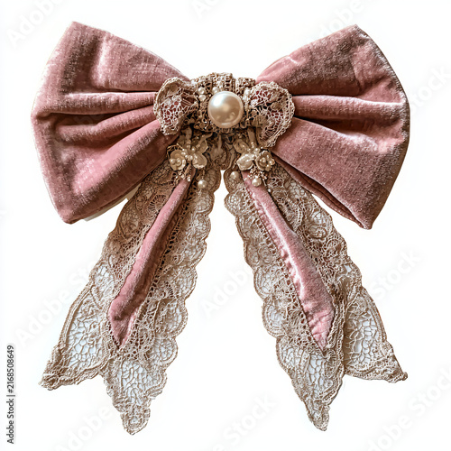 Elegant Pink Velvet Bow with Lace and Pearl Details for Crafting