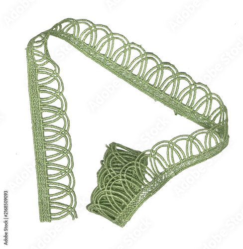 Folded light green loop crochet lace border ribbon on transparent background
