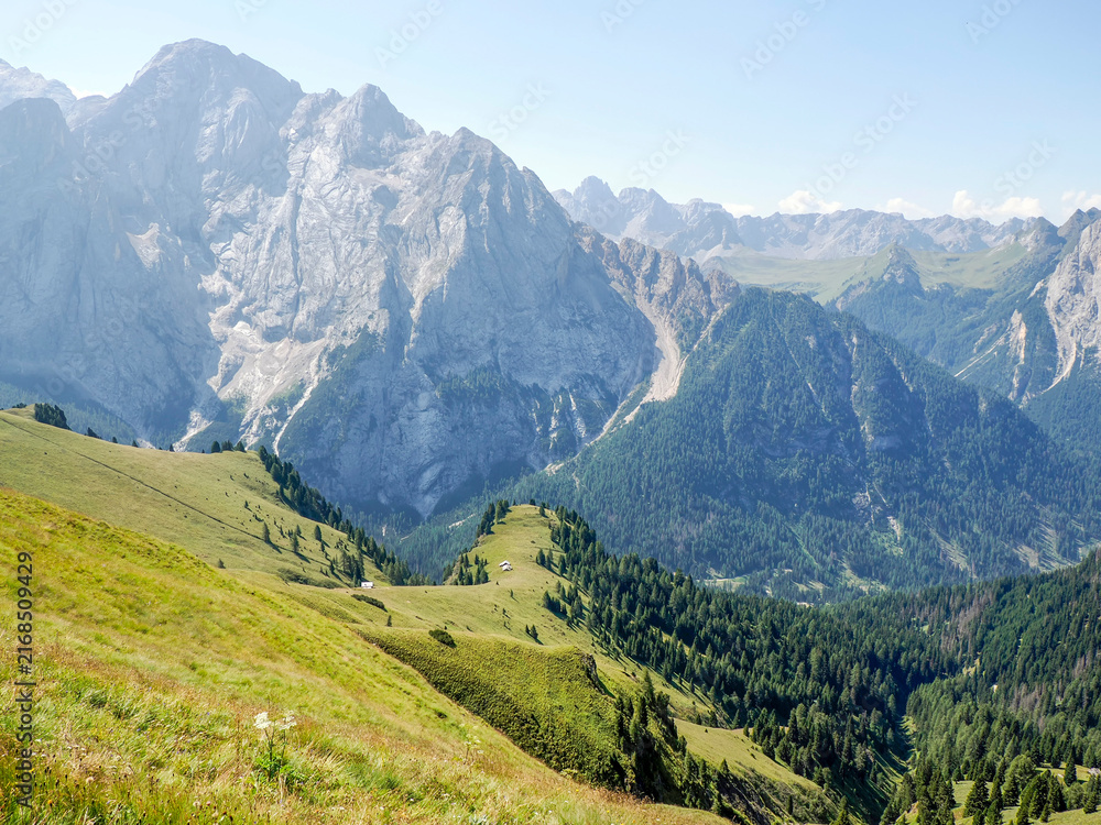 Fototapeta premium the Dolomites rocky cliffs, as seen from the high-altitude green meadows near the famous Viel dal Pan Trail.