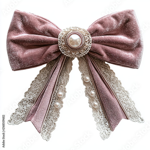 Elegant Pink Velvet Bow with Lace and Pearl Accents for Decoration