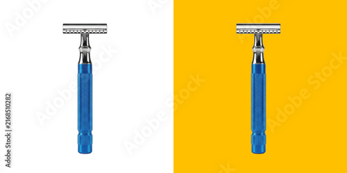 Classic metal safety razor with blue handle for professional wet shaving transparent png