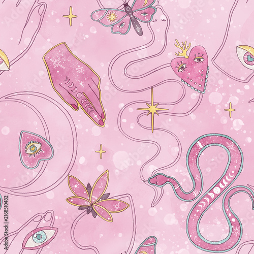 Hand drawn cute mystical seamless pattern with esoteric magic hand, snake, celestial butterfly, heart with eye symbols. Girly witchy pink background with graphic elements. For Magical design, tarot