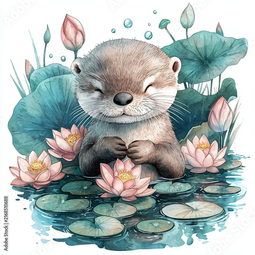 Cute Otter Surrounded by Water Lilies and Lotus Flowers in Nature