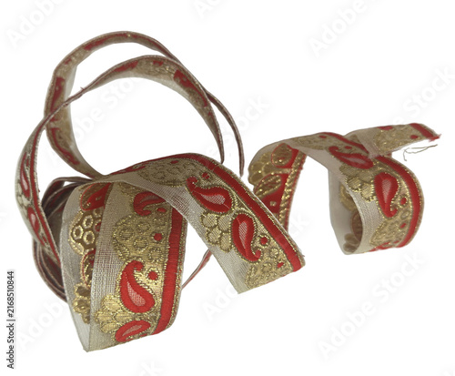 Curled Embroidered Beige Ribbon with Red Floral Pattern
