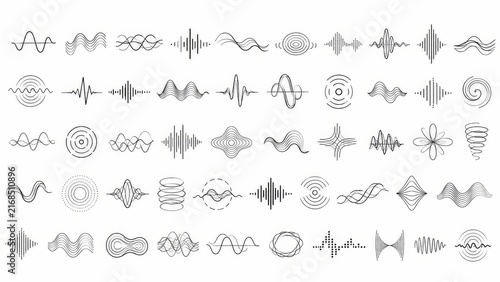 Minimal Sound Wave and Signal Line Icon Collection with Abstract Audio Frequency Symbols on White Background