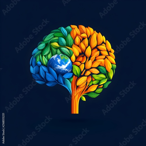 Colorful brain shaped tree with Earth symbolizing environmental awareness and sustainable thinking