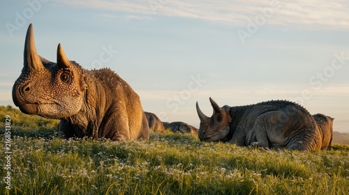 Two pachyrhinosaurus adults resting on flowering arctic plain at sunset for prehistoric nature background and poster banner
