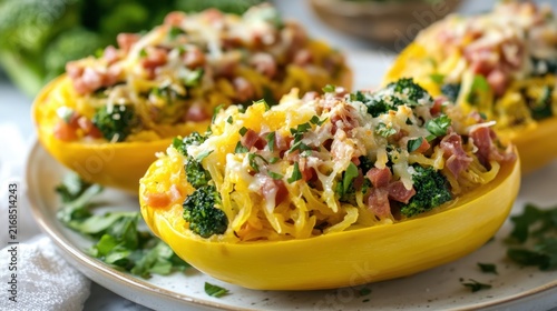 Spaghetti squash halves topped with broccoli and diced ham