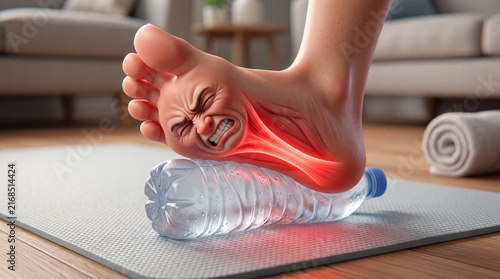 Foot pain relief exercise with water bottle on yoga mat