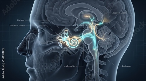 Foto Medical Illustration of Human Auditory System and Hearing Pathway