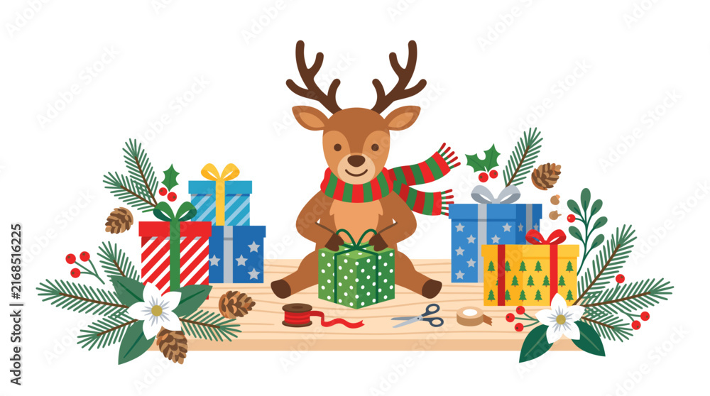 Fototapeta premium Cute cartoon reindeer wrapping Christmas presents with festive decorations and winter foliage