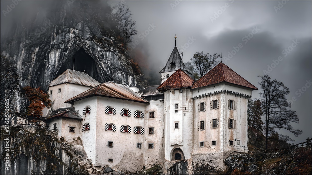 Obraz premium built into a dramatic cliffside, clouds drifting below, spiritual retreat and cultural heritage landmark