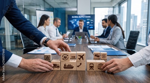Business team meeting discussing global supply chain logistics strategy, wooden blocks with transport icons like truck, ship, plane representing import export distribution network