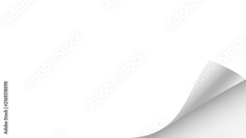 Paper curl corner background. Curled paper corner with realistic page fold effect. White sheet edge peeling back, revealing shadow and depth. Minimal vector illustration