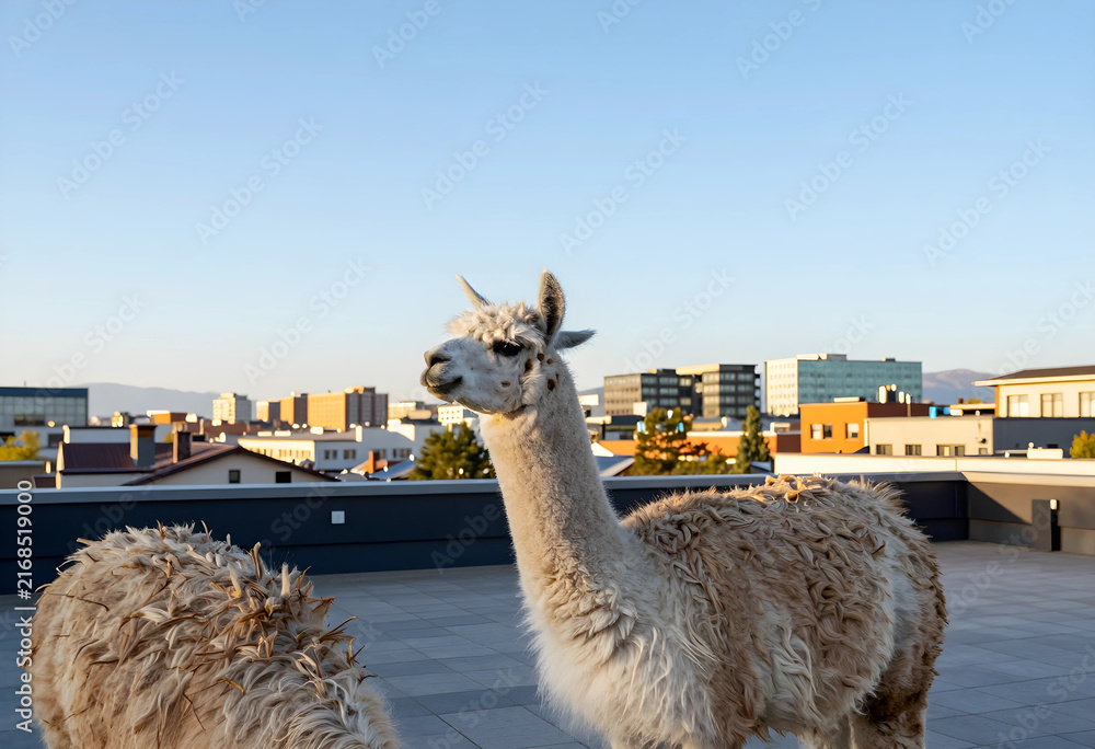 Naklejka premium Urban farming and sustainable living, alpaca on a rooftop with city skyline in the background, unique pet and animal welfare