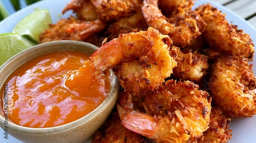 Platter of Golden Fried Shrimp with Dipping Sauce / ディップソースを添えたこんがりエビフライの大皿盛り