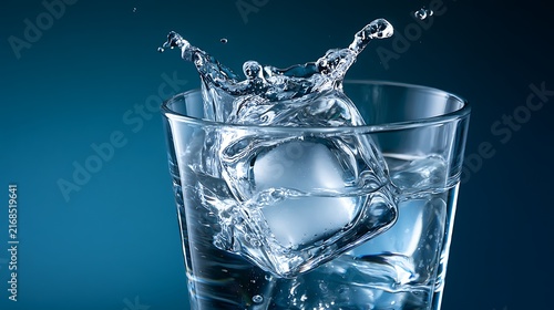 Splashing Water with Ice Cubes in Glass on Blue / 青空風背景に氷が入ったグラスから弾ける水しぶき
