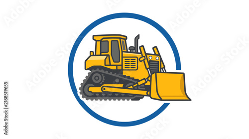 Illustration of a yellow bulldozer with a front blade inside a blue circular frame, construction equipment icon