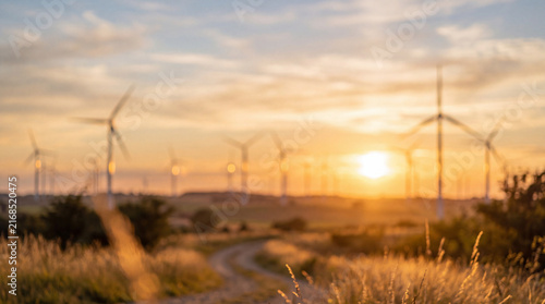 Defocused Wind Turbine Farm Golden Sky