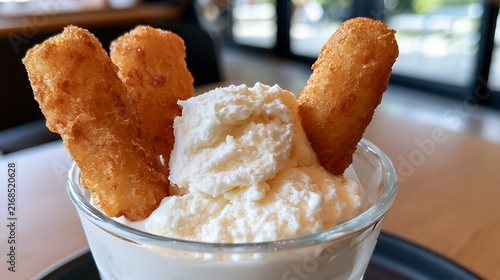 Decadent Soft Serve Ice Cream Parfait with Churros / チュロスを添えたリッチなソフトクリームパフェ