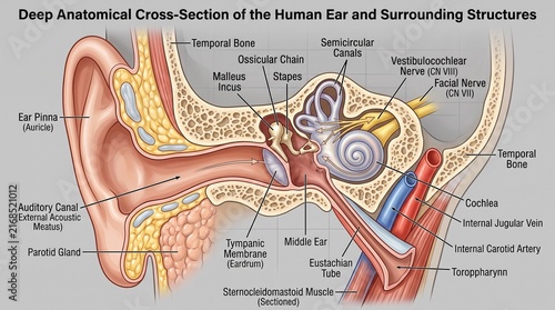 Human Ear Anatomy Cross Section with Internal Labels