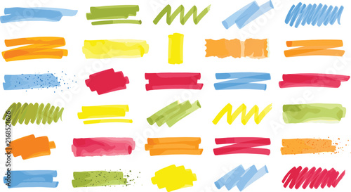 Marker highlight line pen set. Hand drawn marker highlight line pen stroke brush underline color texture. Banner frame label watercolor office retro background. Vector illustration