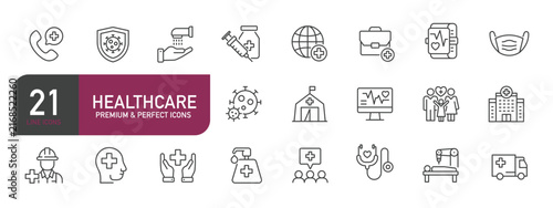 Set of line icons related to healthcare. Outline icons collection. Editable stroke. Vector illustration