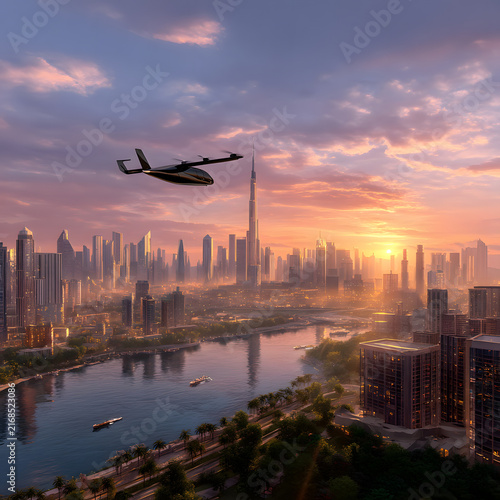 Aerial view of futuristic city skyline at sunset, featuring flying vehicle and river