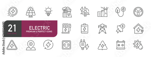 Set of line icons related to electric. Outline icons collection. Editable stroke. Vector illustration