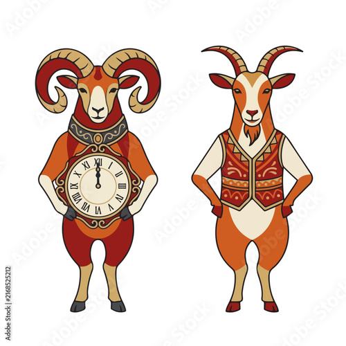 Ram and goat character pair with vintage clock and patterned vest. Stylized animal mascot set isolated on white background