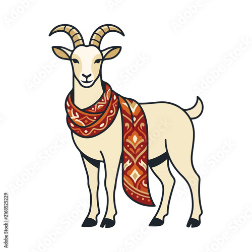 Standing goat wearing an ornate patterned scarf. Domestic animal with decorative folk textile isolated on white background