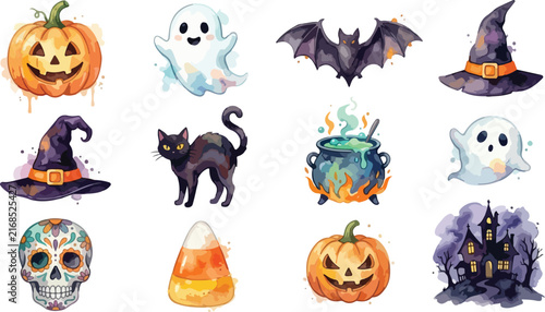 Watercolor Halloween icons set isolated on white background