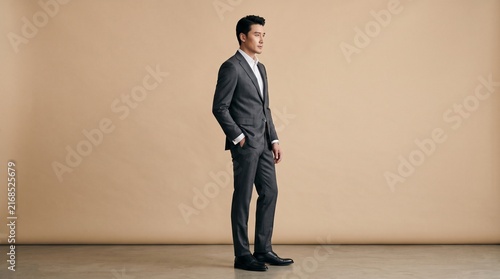 Full body portrait of a handsome young asian businessman in a formal dark grey suit and white shirt standing against a neutral beige studio background