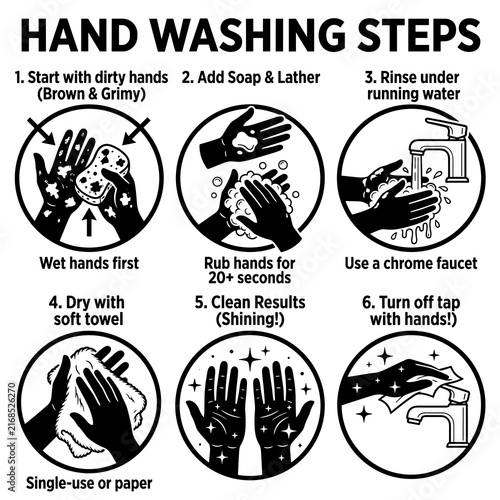Step-by-step instructional diagram for effective hand washing.