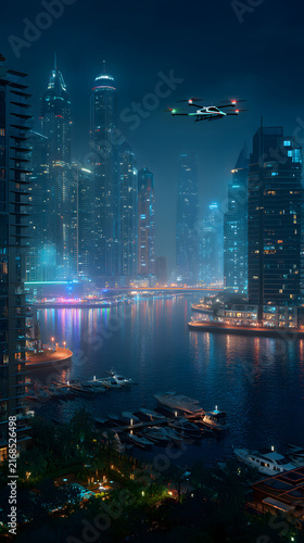 Aerial view of futuristic city skyline night, featuring illuminated skyscrapers and flying