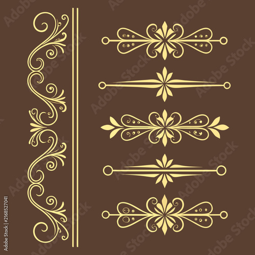 Decorative gold filigree dividers and vertical ornate floral borders on brown background collection for sophisticated wedding stationery and luxury graphic design projects.