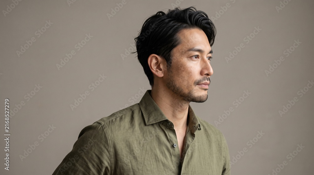 Obraz premium Portrait of a handsome japanese man with a beard and stylish hair wearing an olive green linen shirt, looking away against a neutral studio background
