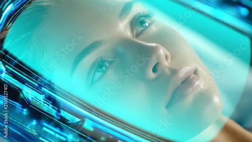 Futuristic Serenity: A close-up portrait of a serene young woman's face illuminated by the cool, blue glow of advanced technology, suggesting a future of digital immersion and futuristic dreams.